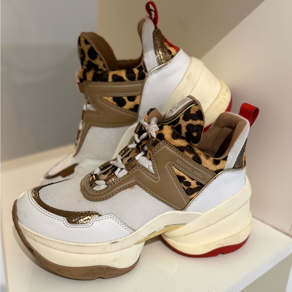 Michael Kors Shoes - Michael Kors Leopard Print White Red Gold Olympia Trainer Size 6M